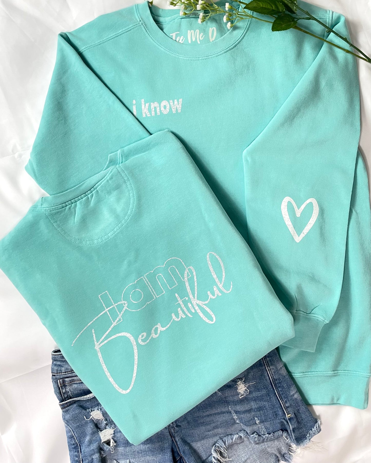 I KNOW BEAUTIFUL - aqua blue crewneck sweatshirt