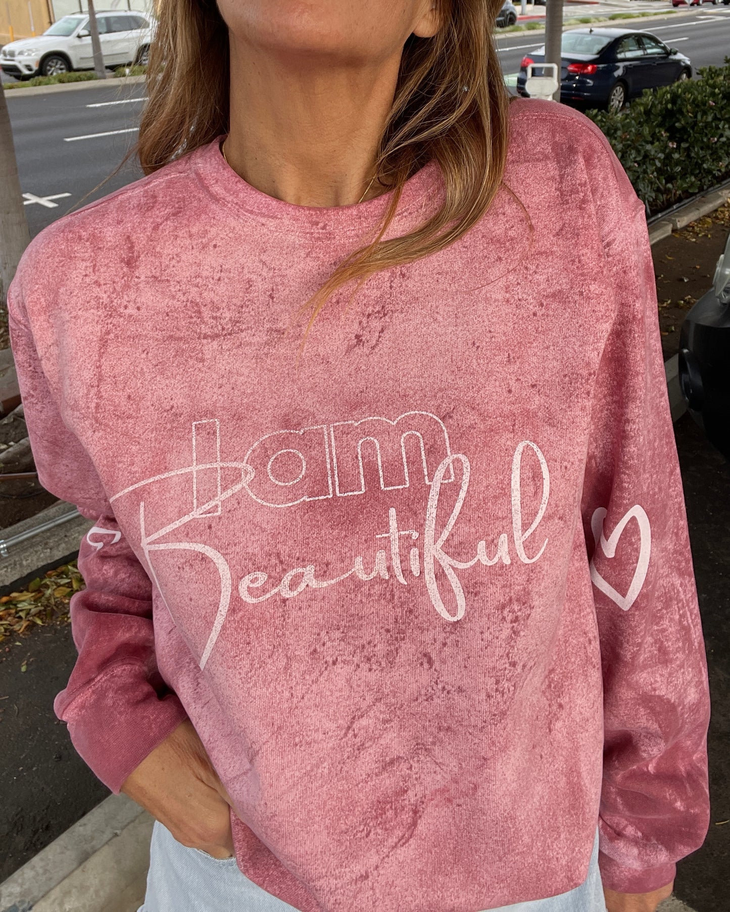 I AM BEAUTIFUL - pink tie dye - crewneck